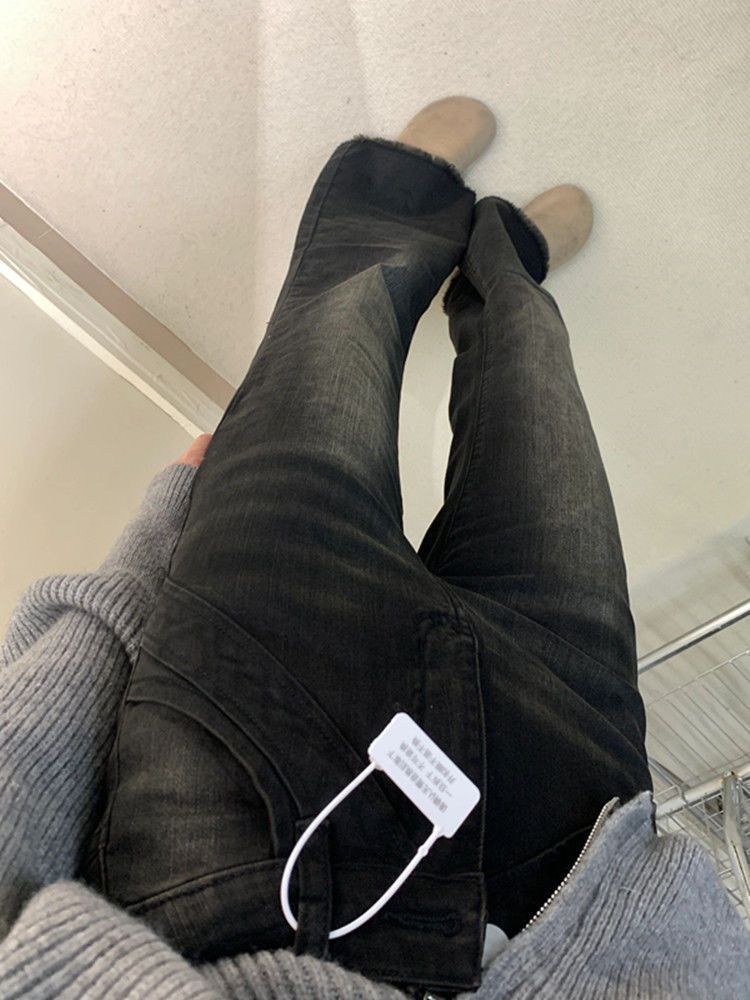美式復古毛邊微喇叭牛仔褲女秋冬新款高腰修身彈力顯瘦馬蹄長褲潮