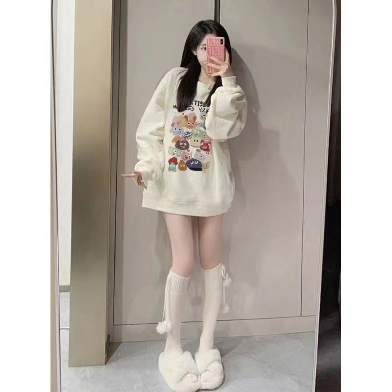 美式慵懶風百搭春秋冬款圓領衛衣女情侶裝加絨加厚休閒寬鬆上衣