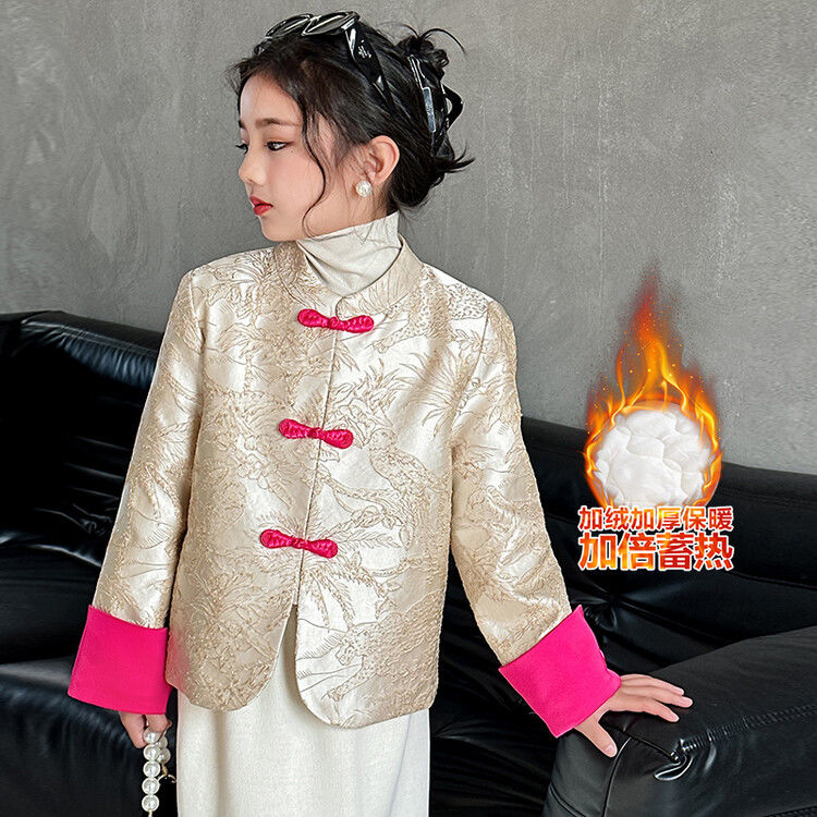 女童外套秋冬款2023新款小學生洋氣中式國風兒童唐裝女孩年服冬裝