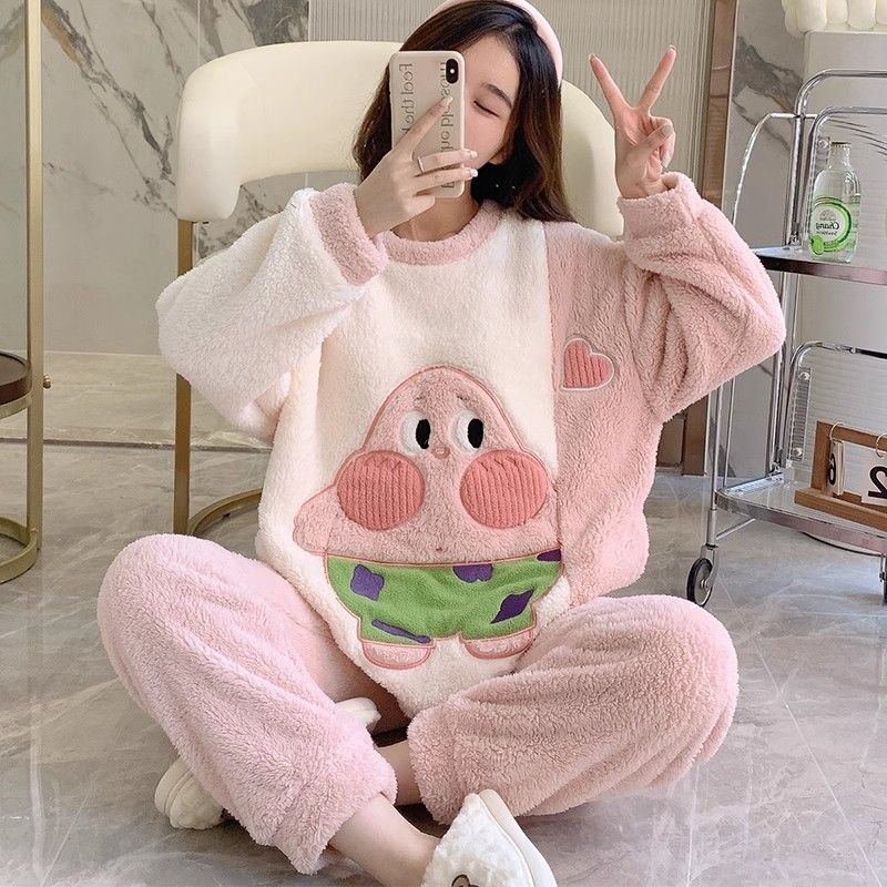 珊瑚絨睡衣女秋冬季女款加絨加厚網紅派大星法蘭絨保暖家居服套裝
