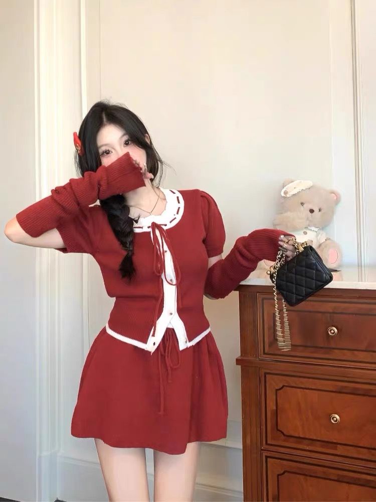 紅色系帶袖套針織開衫上衣女秋冬季聖誕套裝a字半身短裙子兩件套