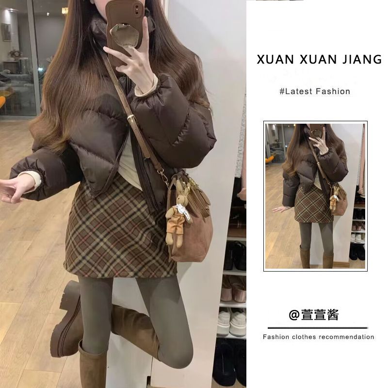 套裝女2023冬季新款美式辣妹韓系麵包服棉衣外套高腰顯瘦半身裙