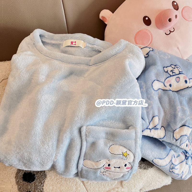 玉桂狗法蘭絨睡衣女秋冬ins加厚卡通學生宿舍珊瑚絨家居服可外穿
