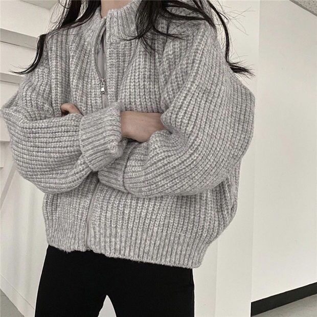 韓版休閒百搭毛衣女外套秋冬加厚慵懶風寬鬆拉鏈粗線新款針織開衫