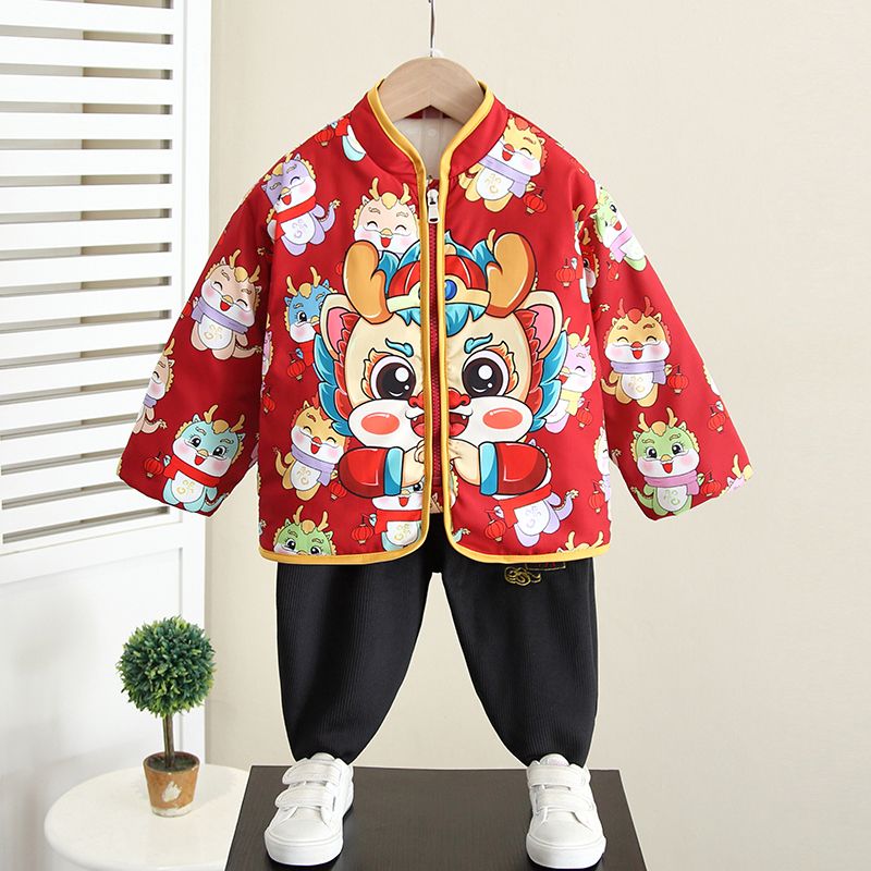拜年服男童唐裝加絨套裝女童漢服加厚過年服龍年寶寶新中式新年服