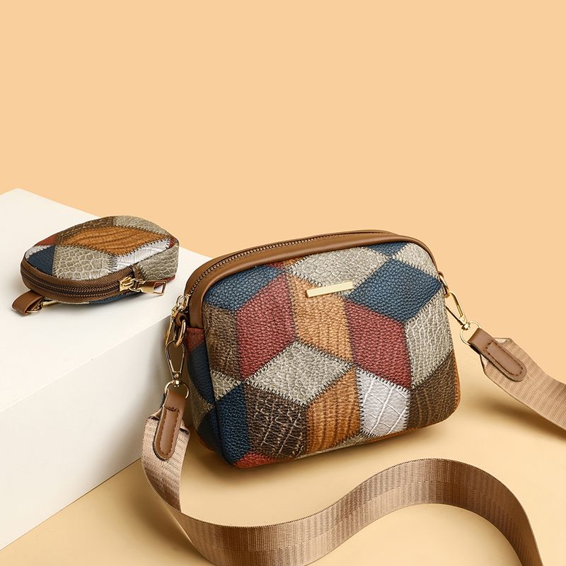 Fashion retro stitching contrasting color small square bag ethnic style women's bag 2023 new style western niche single shoulder crossbody bag