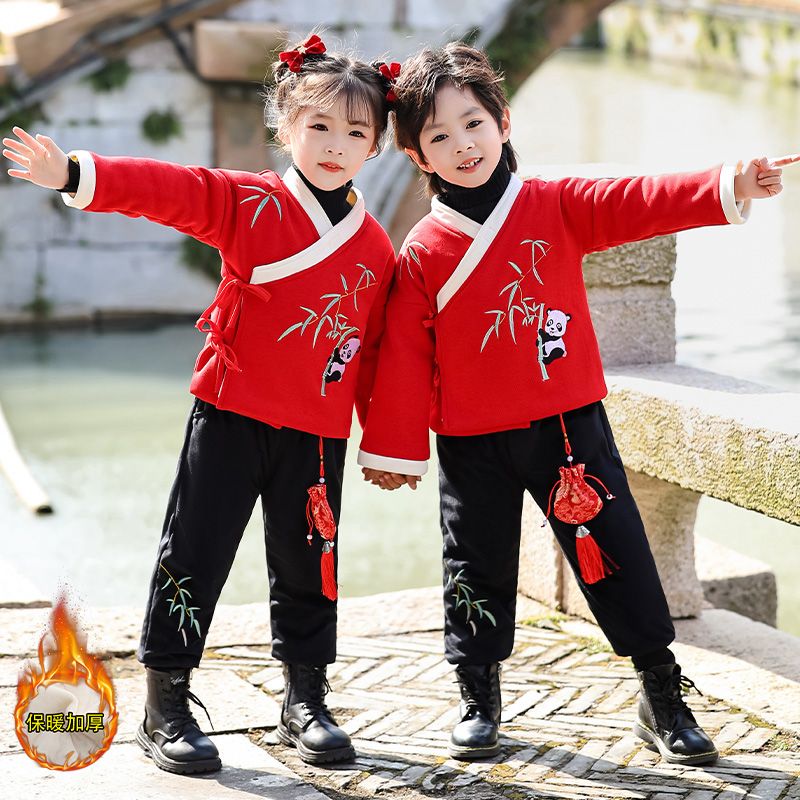 唐裝男童加絨拜年服女童漢服中國風套裝寶寶過年服兒童新年服古裝