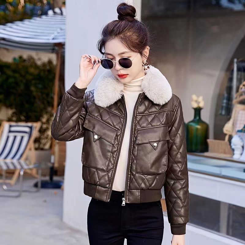 Plush collar thickened parka jacket women's short leather jacket winter new fashion leather jacket warm cotton clothes