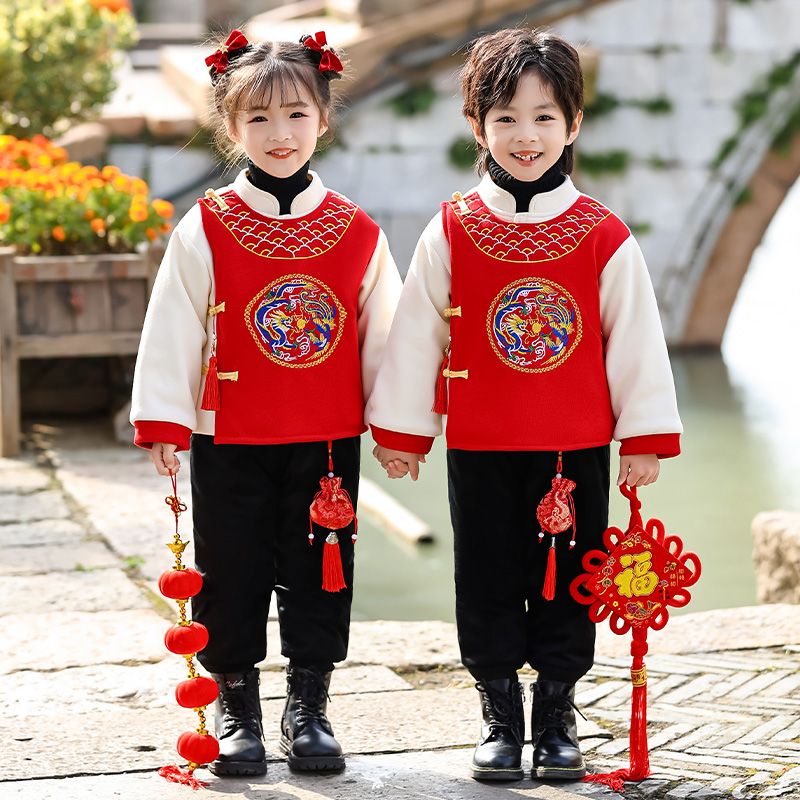 唐裝男童加絨拜年服女童漢服過年服兒童中式套裝新年服寶寶演出服