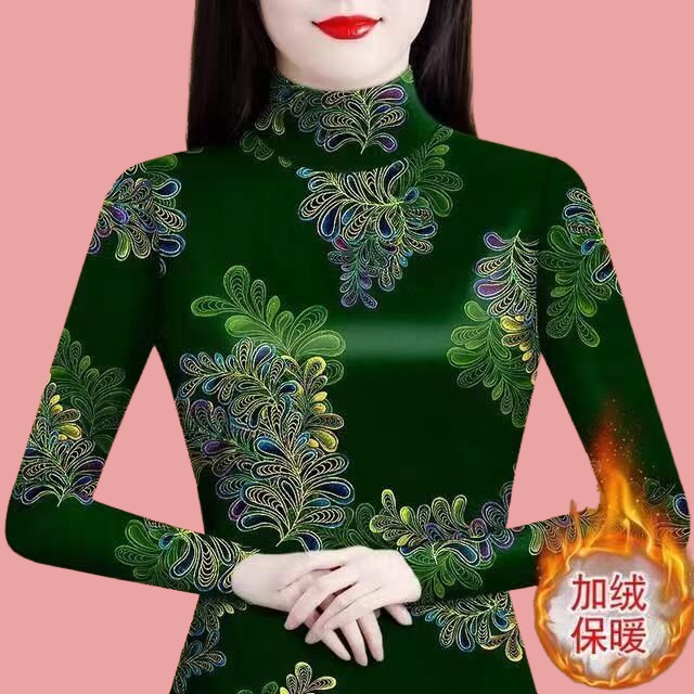 加絨中老年打底保暖女裝時尚秋冬季高領新款洋氣印花長袖修身上衣