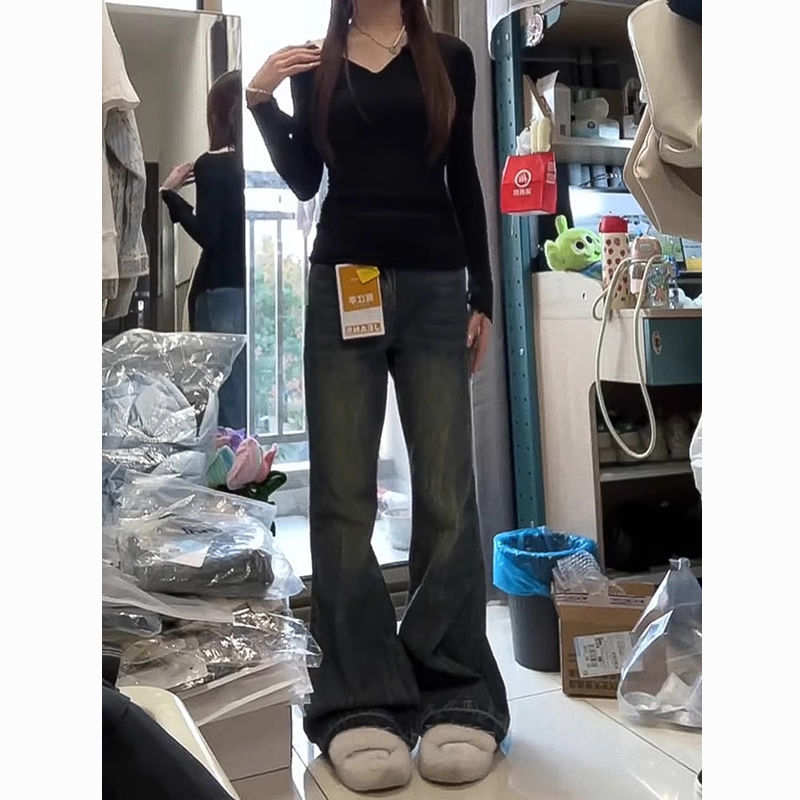美式復古高個子加長闊腿微喇牛仔褲女秋冬新款辣妹毛邊拖地喇叭褲