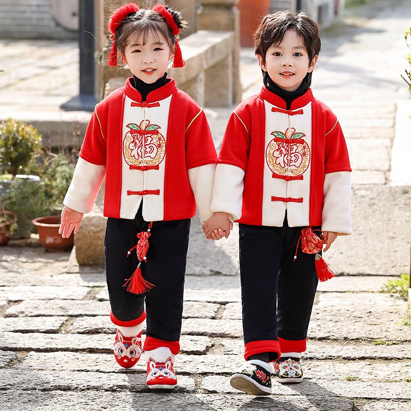 唐裝男童拜年服套裝女童加絨中國風漢服新年服兒童加厚古裝過年服