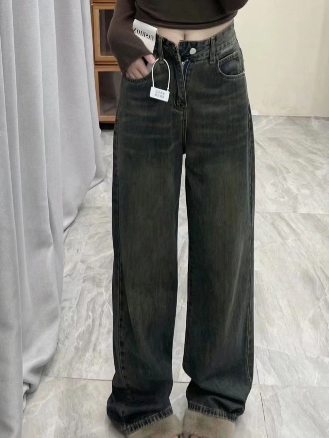 做舊水泥灰直筒牛仔褲女2023秋冬復古顯瘦垂感闊腿拖地長褲ins潮