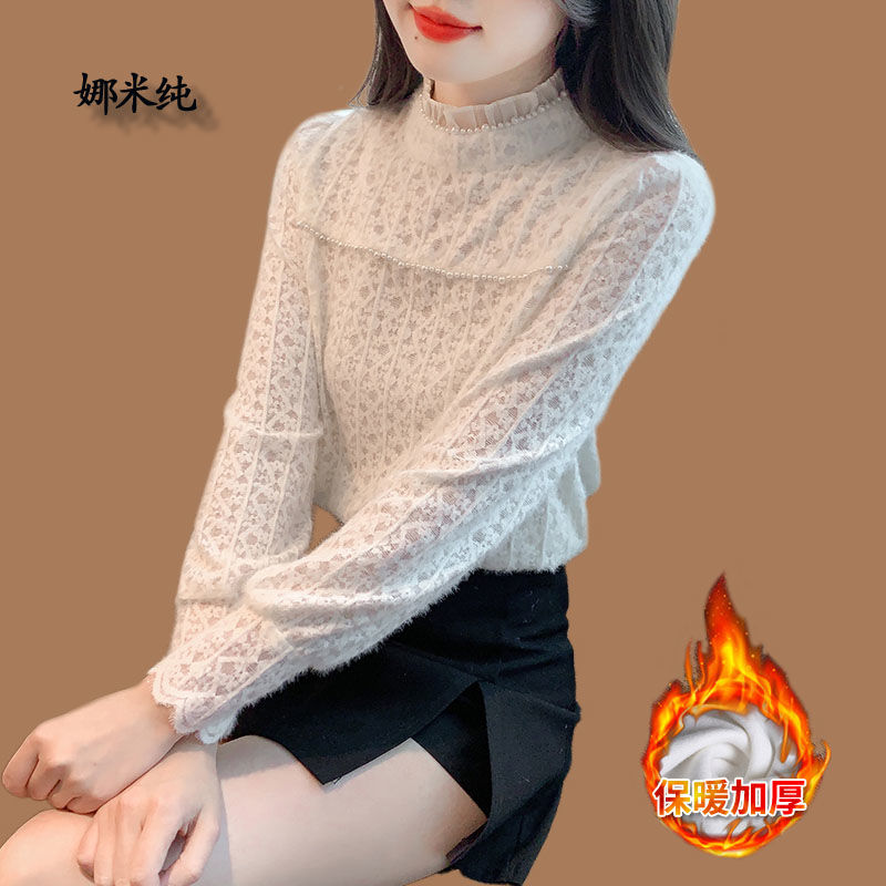 半高領磨毛蕾絲打底衫女長袖秋冬季2023新款加絨加厚洋氣內搭上衣