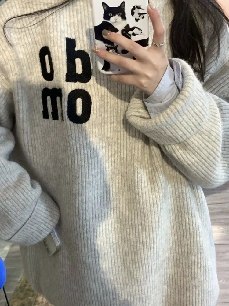 加厚版!半高領字母刺繡毛衣女2023秋冬新款寬鬆慵懶風套頭針織衫