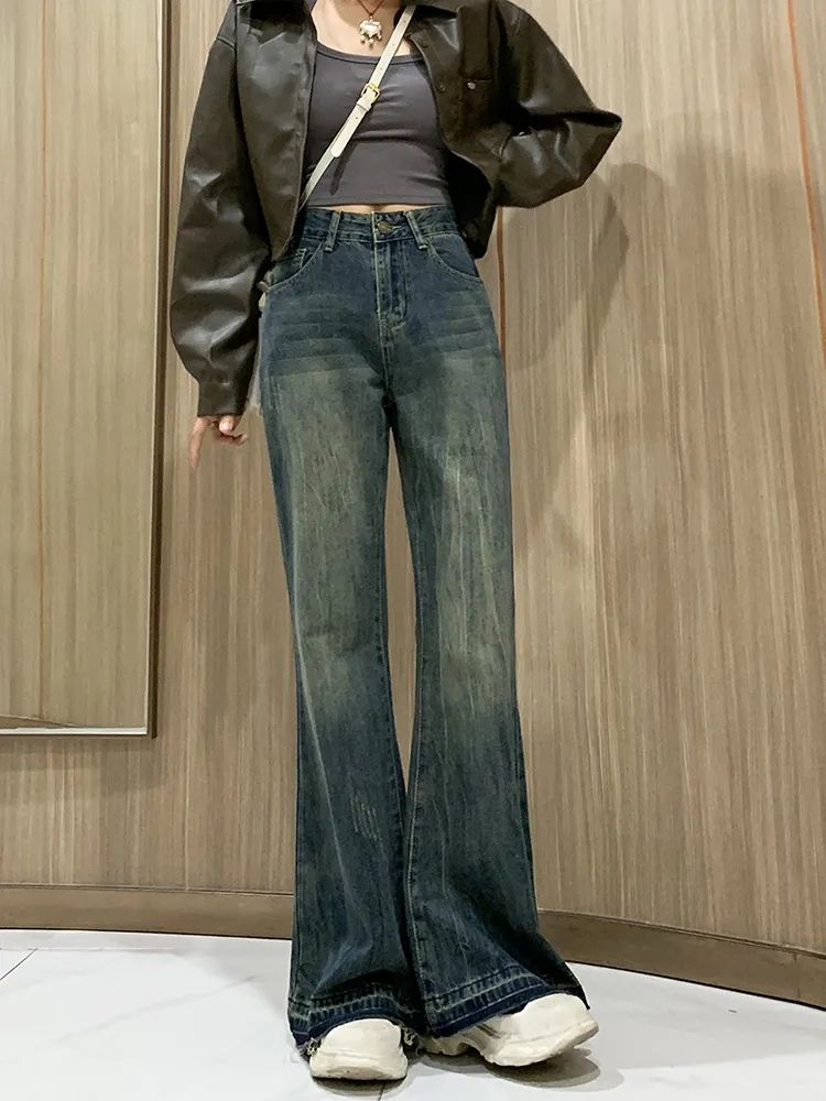 加绒微喇牛仔裤女年秋冬新款高个子美式复古高腰显瘦喇叭裤子