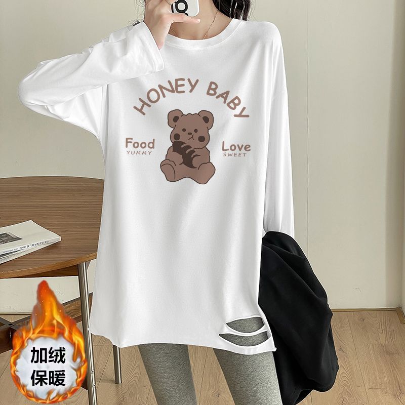 White inner bottoming shirt for women 2023 new autumn and winter loose hole printed long-sleeved T-shirt women's top clothing