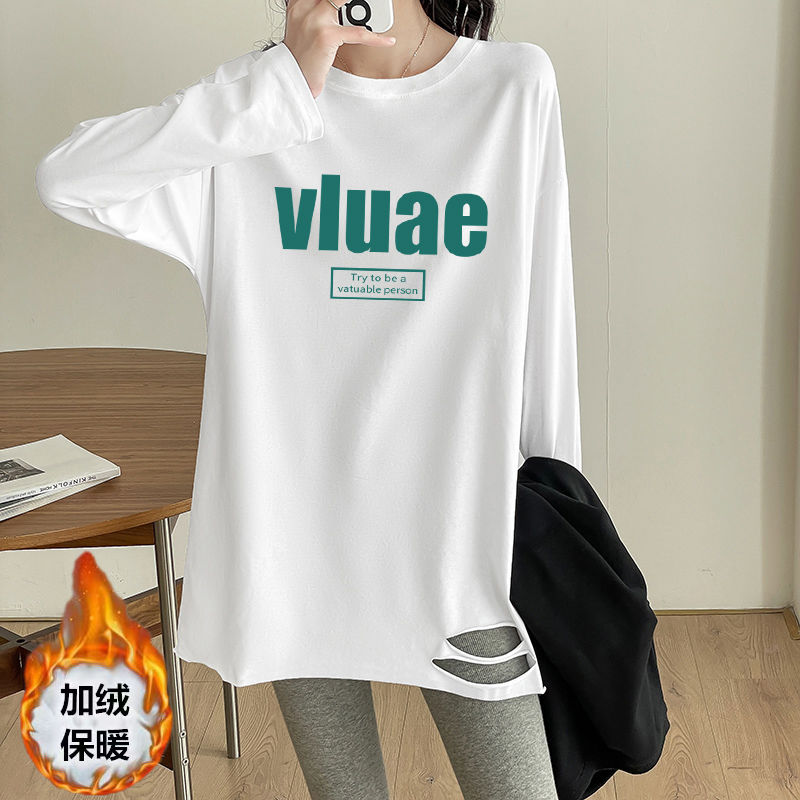 白色女打底衫時髦時尚洋氣印花內搭秋冬高質感寬鬆中長款長袖t恤