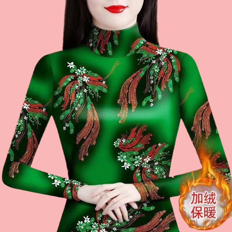 加絨女裝保暖打底時尚2023半高領新款媽媽冬季加厚印花上衣長袖女