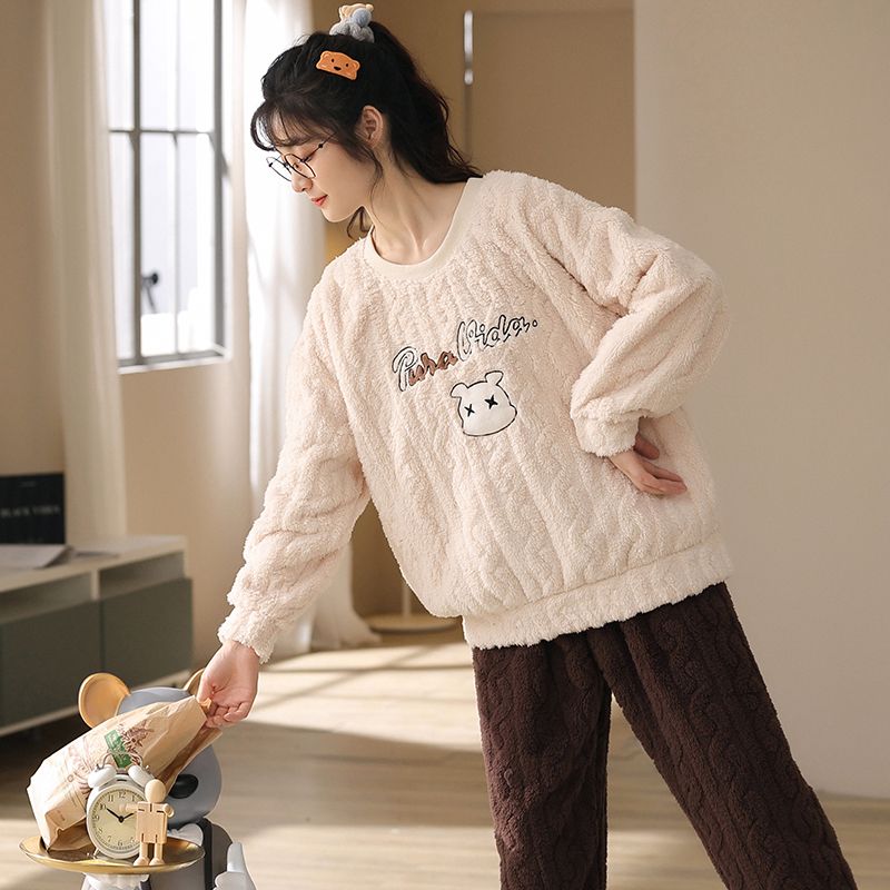 美拉德風高檔可外穿睡衣女士秋冬款加絨加厚保暖法蘭絨珊瑚絨新款