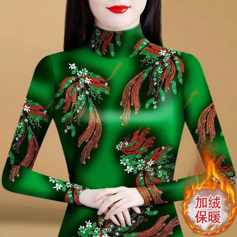 2023高領加絨打底一體女裝新款洋氣印花中老年修身保暖上衣打底衫