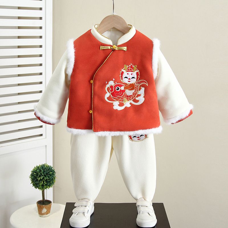 拜年服男童唐裝套裝2024龍年周歲男寶寶禮服加絨漢服過年喜慶衣服