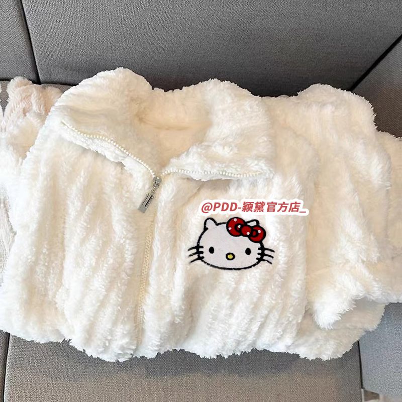 秋冬季睡衣女珊瑚絨可愛凱蒂貓學生少女加厚法蘭絨保暖家居服套裝
