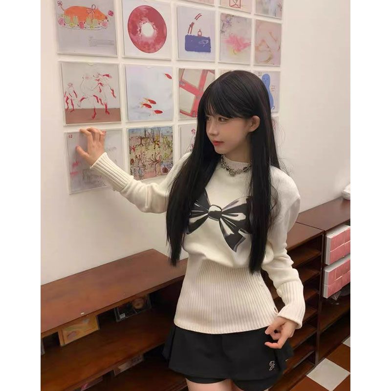 白色半高領蝴蝶結毛衣女秋冬季設計感小眾修身內搭打底針織衫上衣