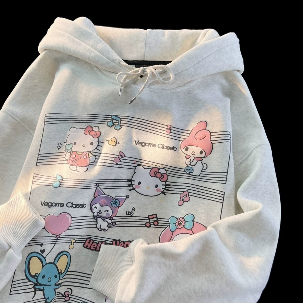 純棉美式可愛kitty貓音符印花加絨連帽衛衣男女秋冬季慵懶風外套