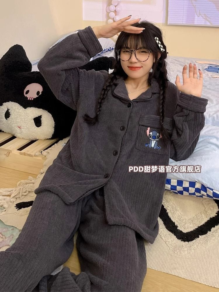 法蘭絨睡衣女秋冬款加厚珊瑚絨保暖法蘭絨可愛少女外穿家居服套裝