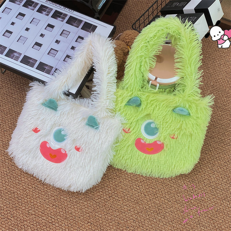 Cute monster cartoon plush bag large capacity student portable shoulder handbag tote gift ins