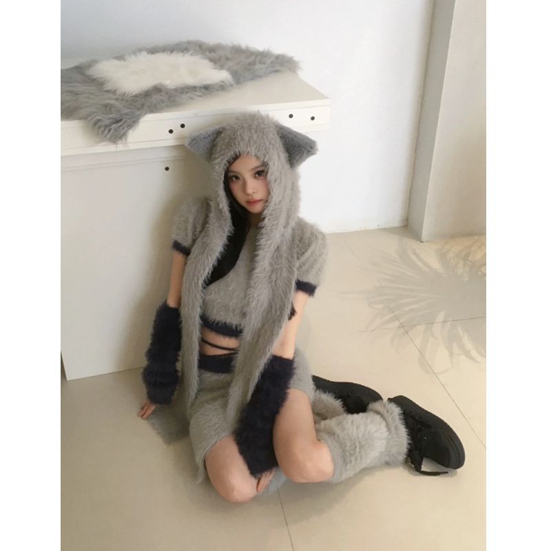 純欲風辣妹灰色時尚套裝女毛茸茸貓耳連帽針織拼色包臀短裙兩件套