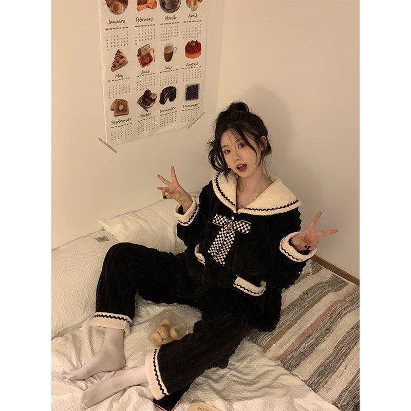 珊瑚絨睡衣女秋冬季韓國娃娃領小香風蝴蝶結法蘭絨加厚保暖家居服