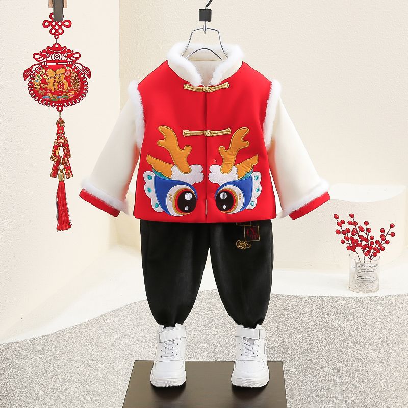 漢服男女童拜年服套裝兒童冬季中國風漢服男寶寶新年喜慶加厚唐裝