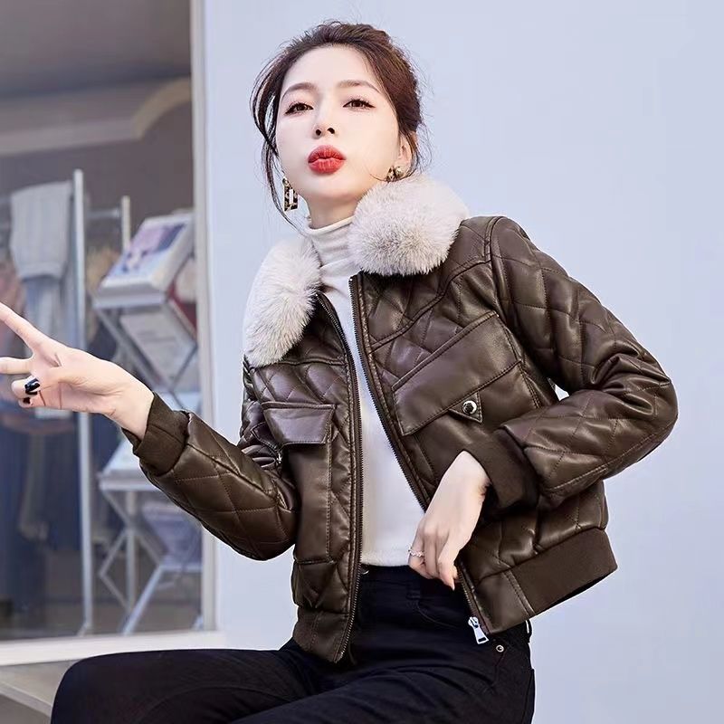 Plush collar thickened parka jacket women's short leather jacket winter new fashion leather jacket warm cotton clothes