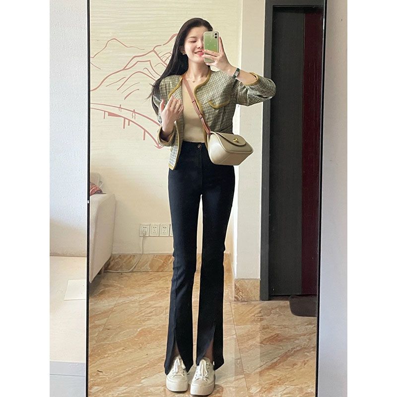 Black high-waisted bootcut jeans for women spring and autumn 2024 new stretch versatile slit slim flared pants