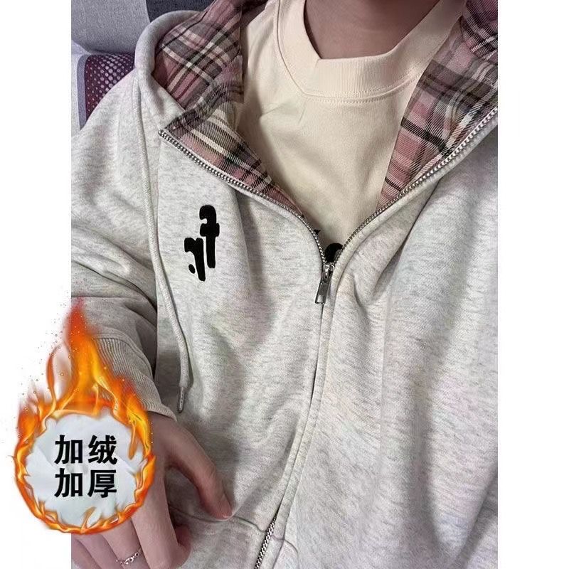 純棉美式復古拼接格紋灰色衛衣外套女春秋冬新款oversize拉鏈開衫