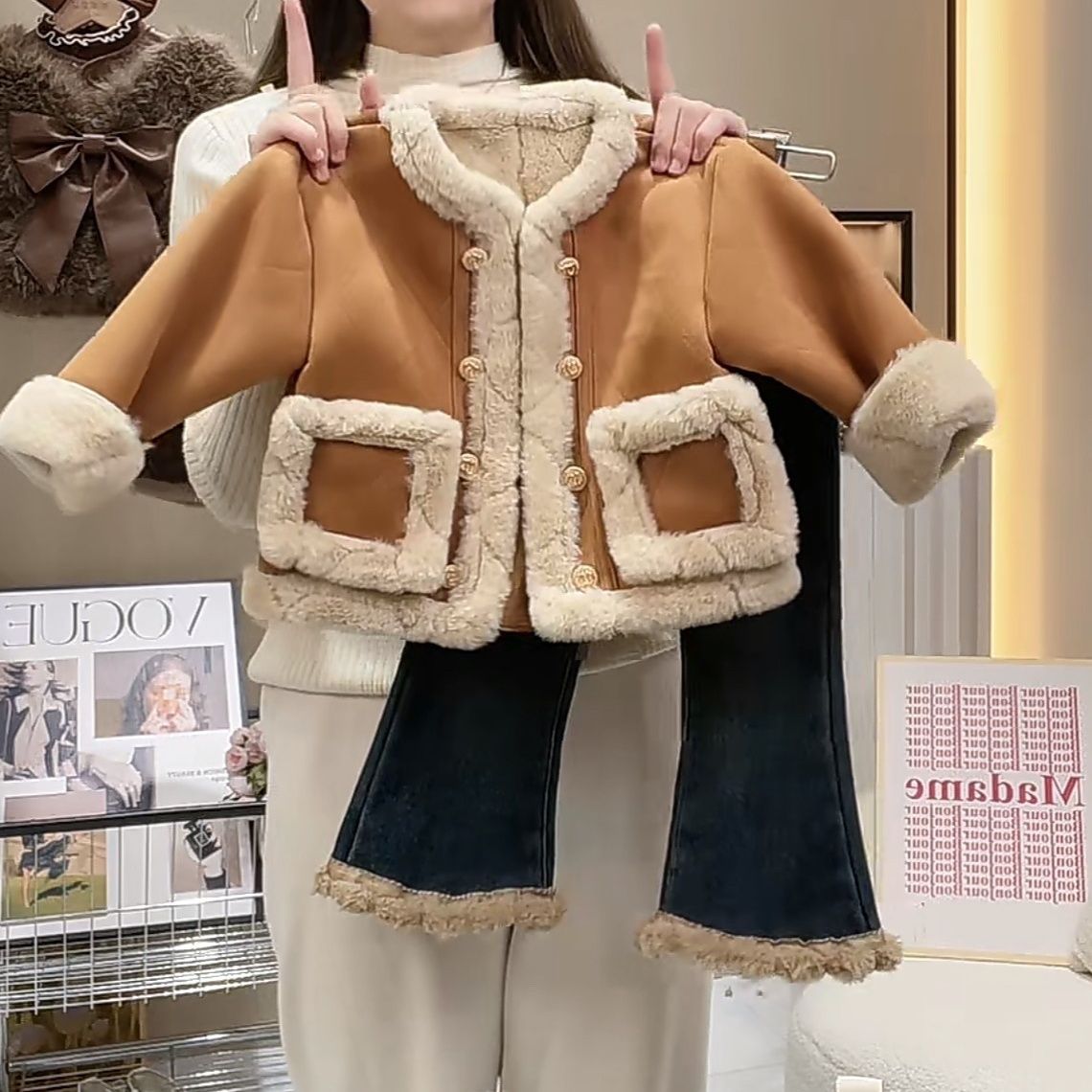 女童冬裝套裝2023新款女寶洋氣皮毛外套兒童加絨加厚牛仔褲兩件套