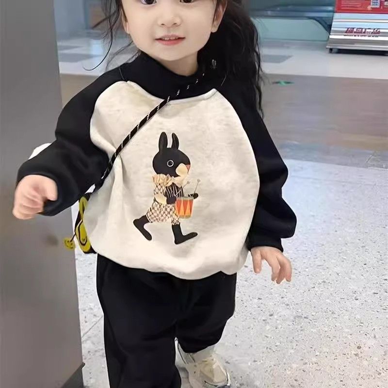 寶寶套裝兒童洋氣衛衣肩袖加絨衛衣衛褲女童加厚休閒幼兒園冬裝