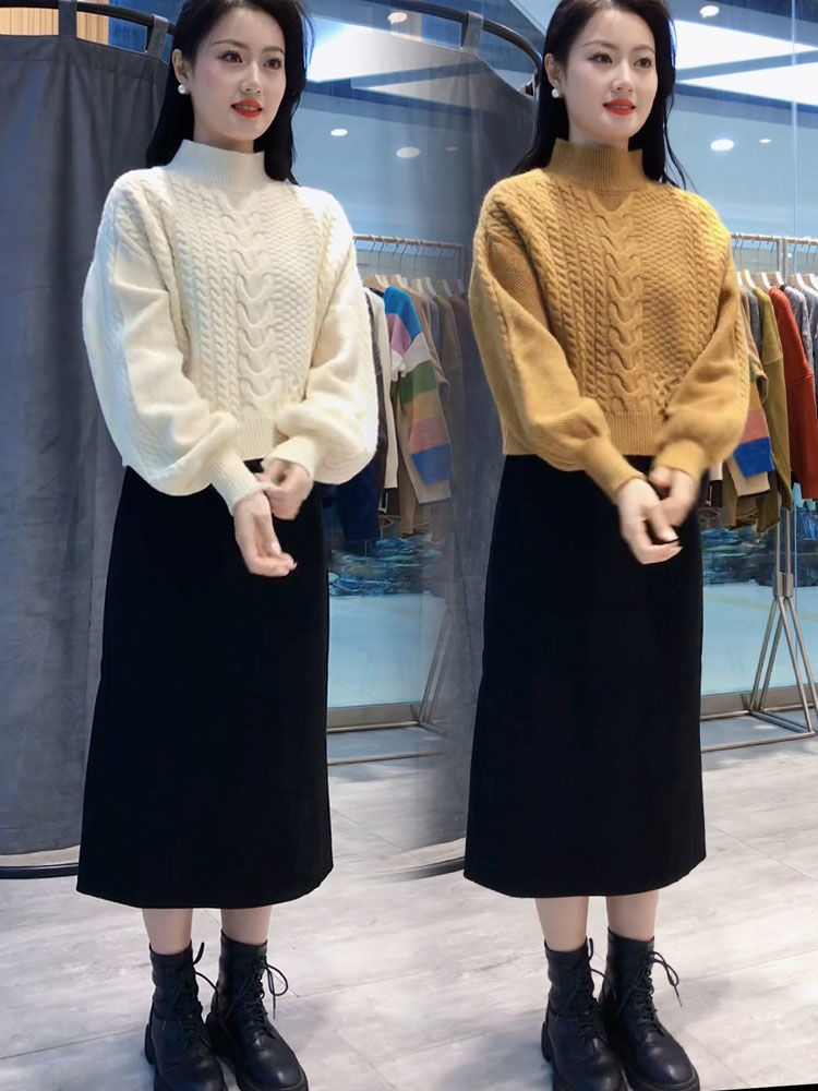 藍海奕諾套頭麻花毛衣女半身裙套裝女2023冬新款小個子顯瘦兩件套