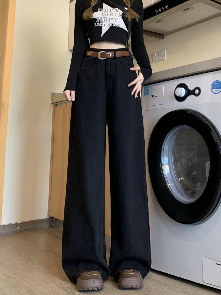 黑色闊腿牛仔褲女2023秋冬新款寬鬆高腰直筒百搭顯垂感拖地長褲潮