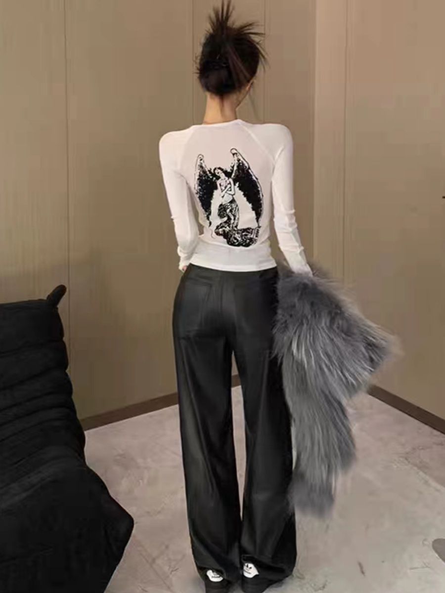 白色植絨印花打底衫女2023秋冬新款修身顯瘦內搭緊身辣妹長袖上衣