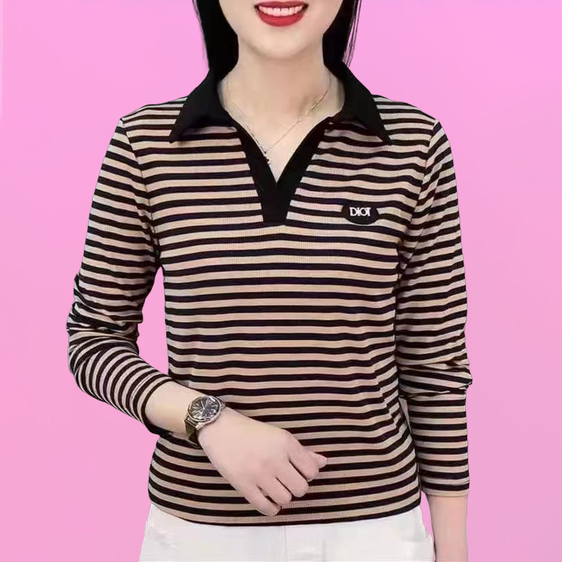 撿漏~外貿尾單翻領長袖polo中年洋氣打底休閒上衣條紋媽媽女