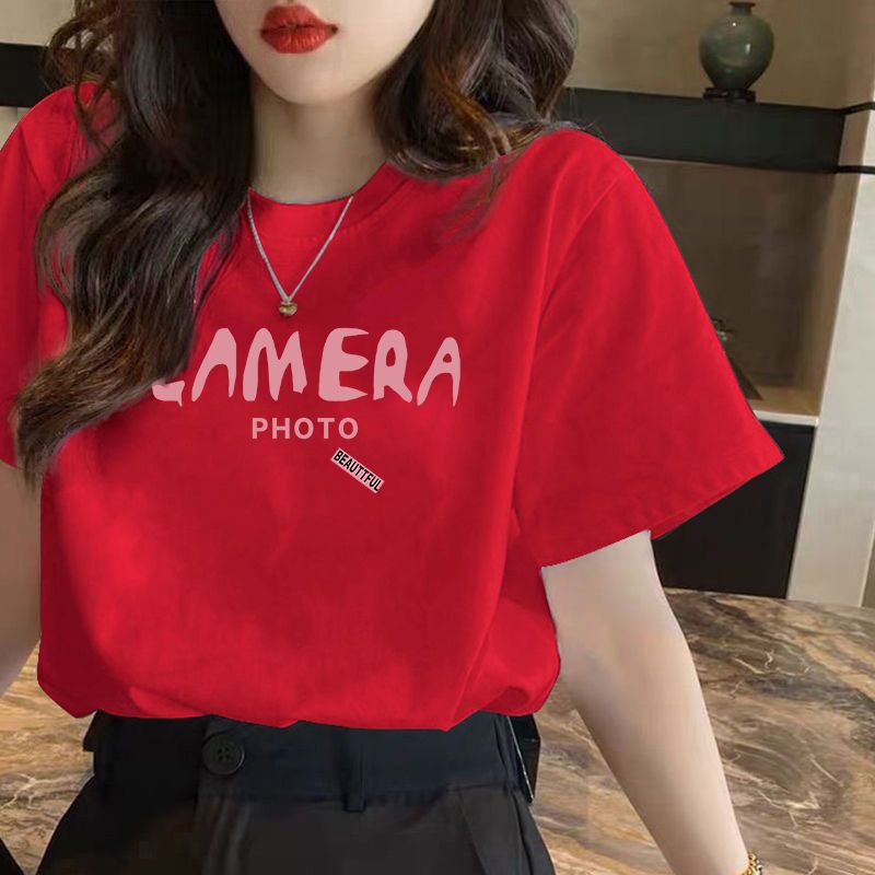 100%純棉短袖t恤女春夏季韓版新款寬鬆百搭紅色氣質ins上衣服潮
