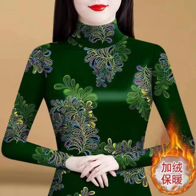 半高領加絨打底衫女秋冬新款洋氣印花保暖中老年修身內搭小衫上衣