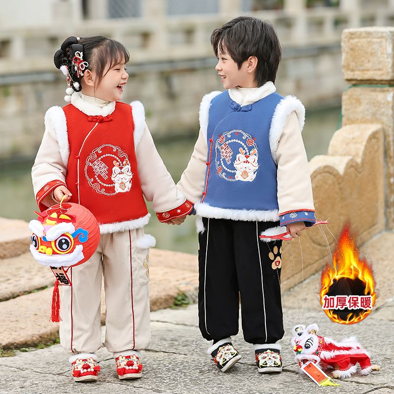 寶寶唐裝新年服龍年2024新款男女童漢服加絨過年服兒童喜慶拜年服
