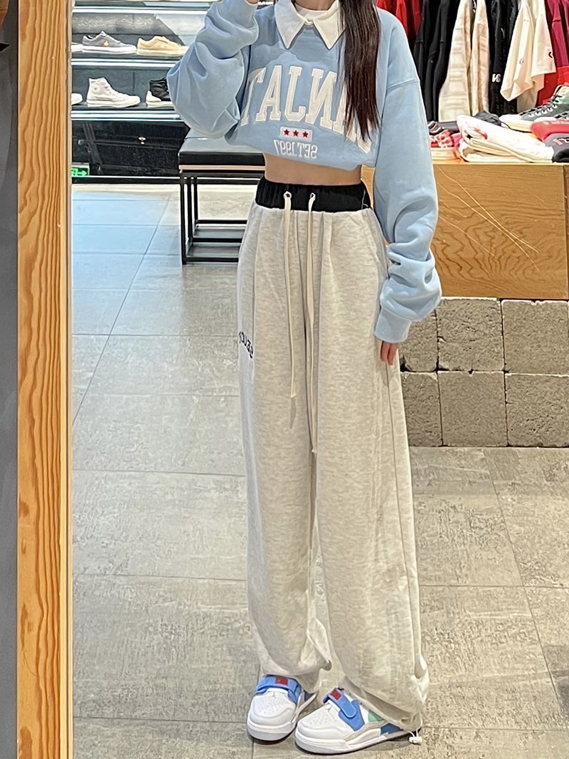 潮牌美式灰色運動褲女春秋2023新款寬鬆直筒闊腿高腰跳舞休閒衛褲