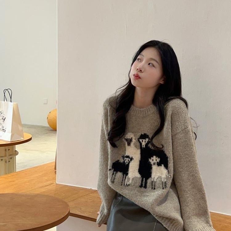 Lazy style jacquard sweater jacket women's autumn and winter  new round neck long-sleeved loose age-reducing sweater top