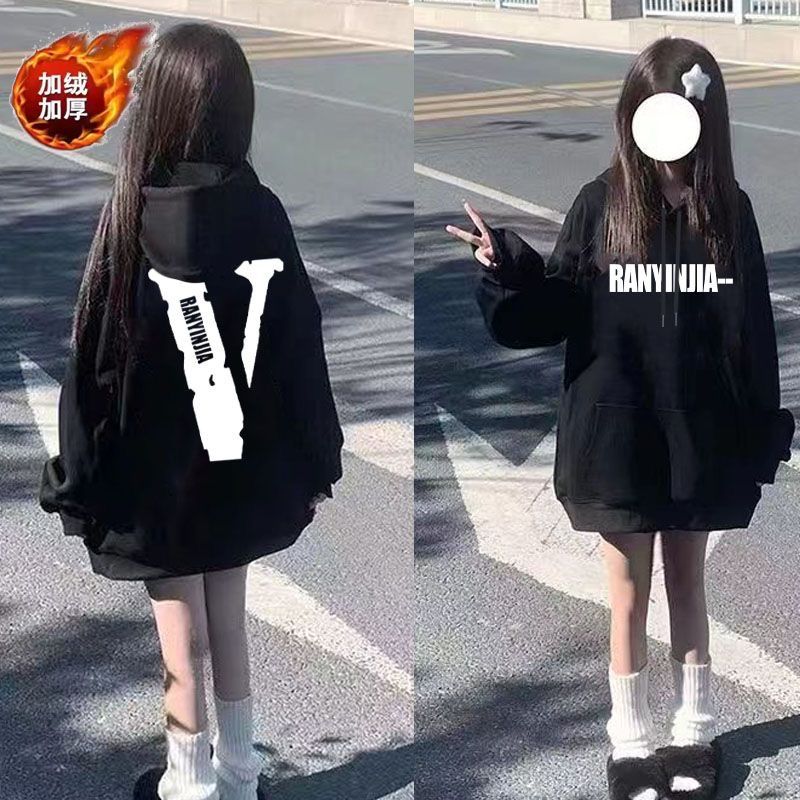 美式高街情侶寬鬆連帽衛衣女2023秋冬季韓版中長款chic加厚上衣潮