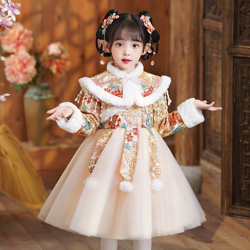 2023新款女童漢服冬季旗袍兒童連衣裙秋冬款唐裝加絨冬裝公主裙子